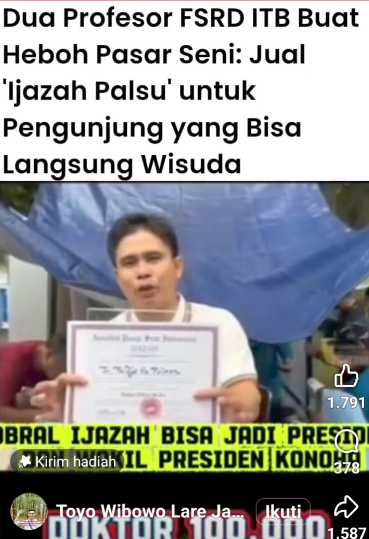 Dua Profesor FSRD ITB Buat Heboh Pasar Seni: Jual Ijazah Palsu Langsung Wisuda